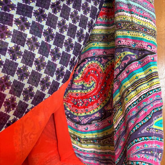 Silk Paisley Geometric Print Skirt Faux Wrap Sz 16 Vibrant Red Purple Zip - Picture 4 of 9